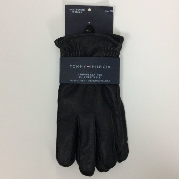 NWT Tommy Hilfiger Leather Gloves Fleece Lined Touchscreen Black XL - Picture 1 of 4